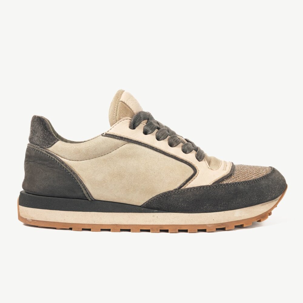 Brunello Cucinelli Taupe & Grey Suede & Leather Glitter Sneakers